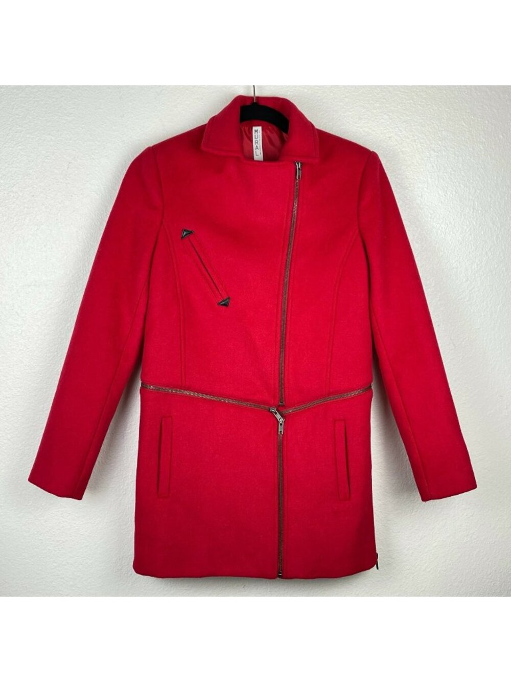 MURAL Jacket Women's Sz XS Wool Convertible Zippered Collared Peacoat Lined Red